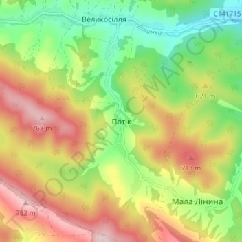 Топографічна карта Потік, висота, рельєф