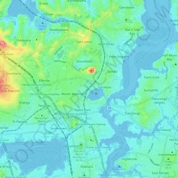 Топографічна карта Maungakiekie-Tāmaki, висота, рельєф