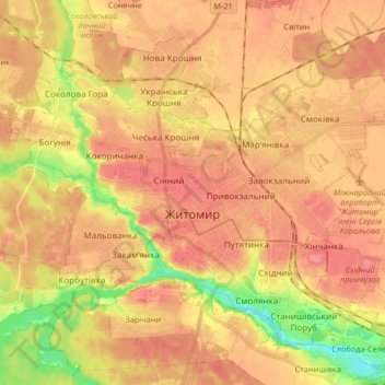 Топографічна карта Житомир, висота, рельєф