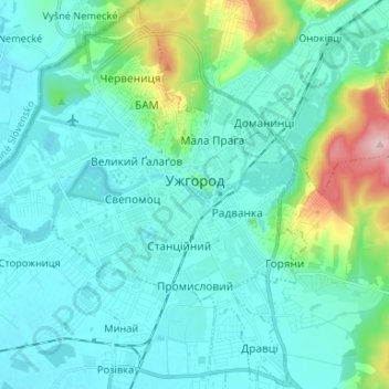 Топографічна карта Ужгород, висота, рельєф