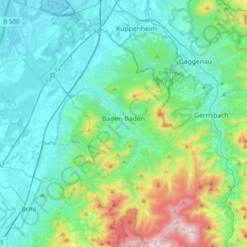 Топографічна карта Баден-Баден, висота, рельєф