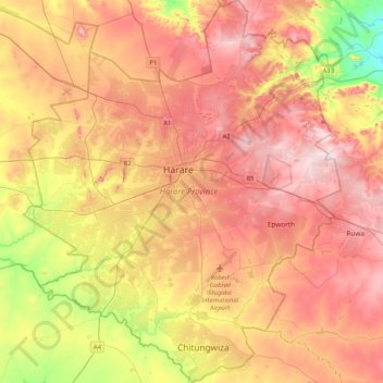 Топографічна карта Хараре, висота, рельєф