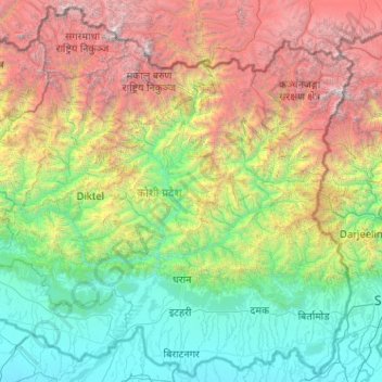 Топографічна карта कोशी प्रदेश, висота, рельєф