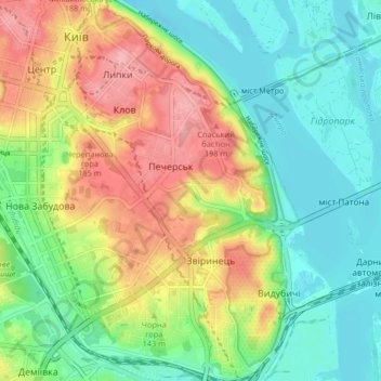 Топографічна карта Печерський район, висота, рельєф