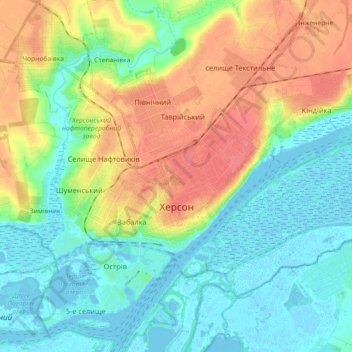 Топографічна карта Херсон, висота, рельєф