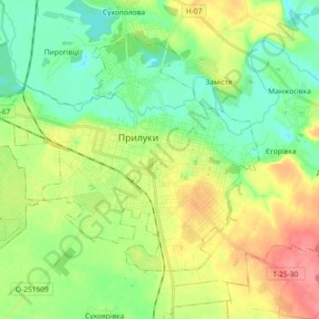 Топографічна карта Прилуки, висота, рельєф