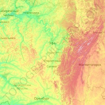 Топографічна карта Башкортостан, висота, рельєф