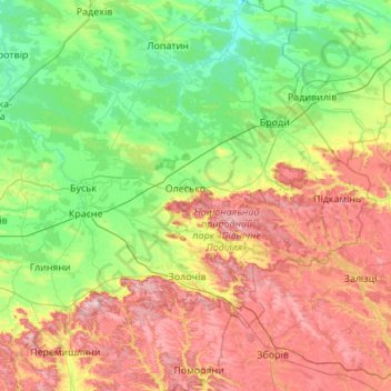 Топографічна карта Золочівський район, висота, рельєф
