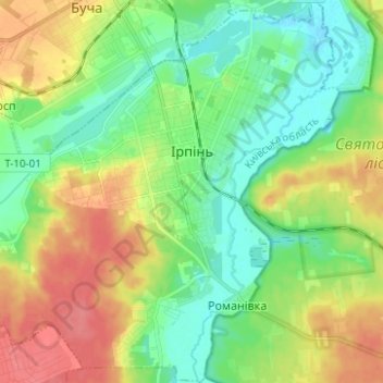 Топографічна карта Ірпінь, висота, рельєф