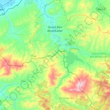 Топографічна карта Ouled Ben Abdelkader ⵡⵍⴰⴷ ⴱⴻⵏ ⵄⴻⴱⴷⴻⵍⵇⴰⴷⴻⵔ أولاد بن عبد القادر, висота, рельєф