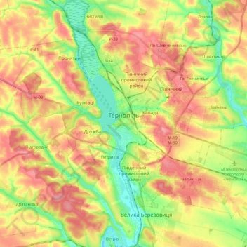 Топографічна карта Тернопіль, висота, рельєф