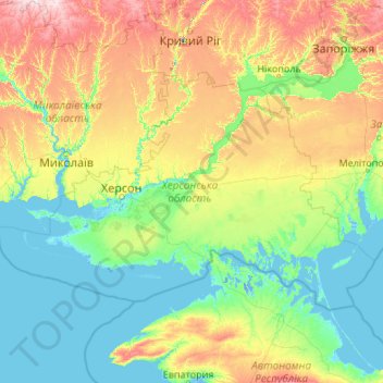 Топографічна карта Херсонська область, висота, рельєф