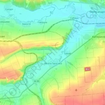 Топографічна карта Весела Тарасівка, висота, рельєф