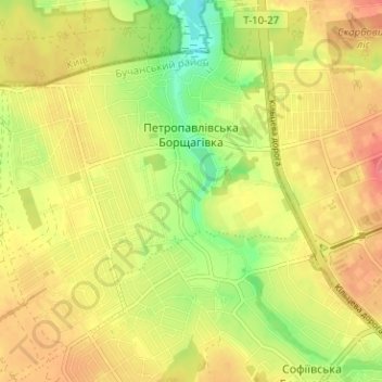 Топографічна карта Петропавлівська Борщагівка, висота, рельєф