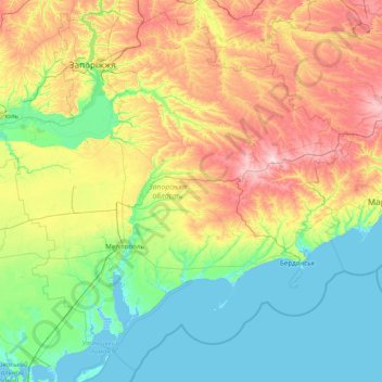 Топографічна карта Запорізька область, висота, рельєф