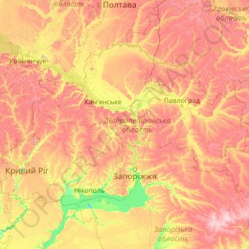 Топографічна карта Дніпропетровська область, висота, рельєф