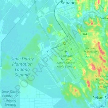 Топографічна карта Lapangan Terbang Antarabangsa Kuala Lumpur, висота, рельєф